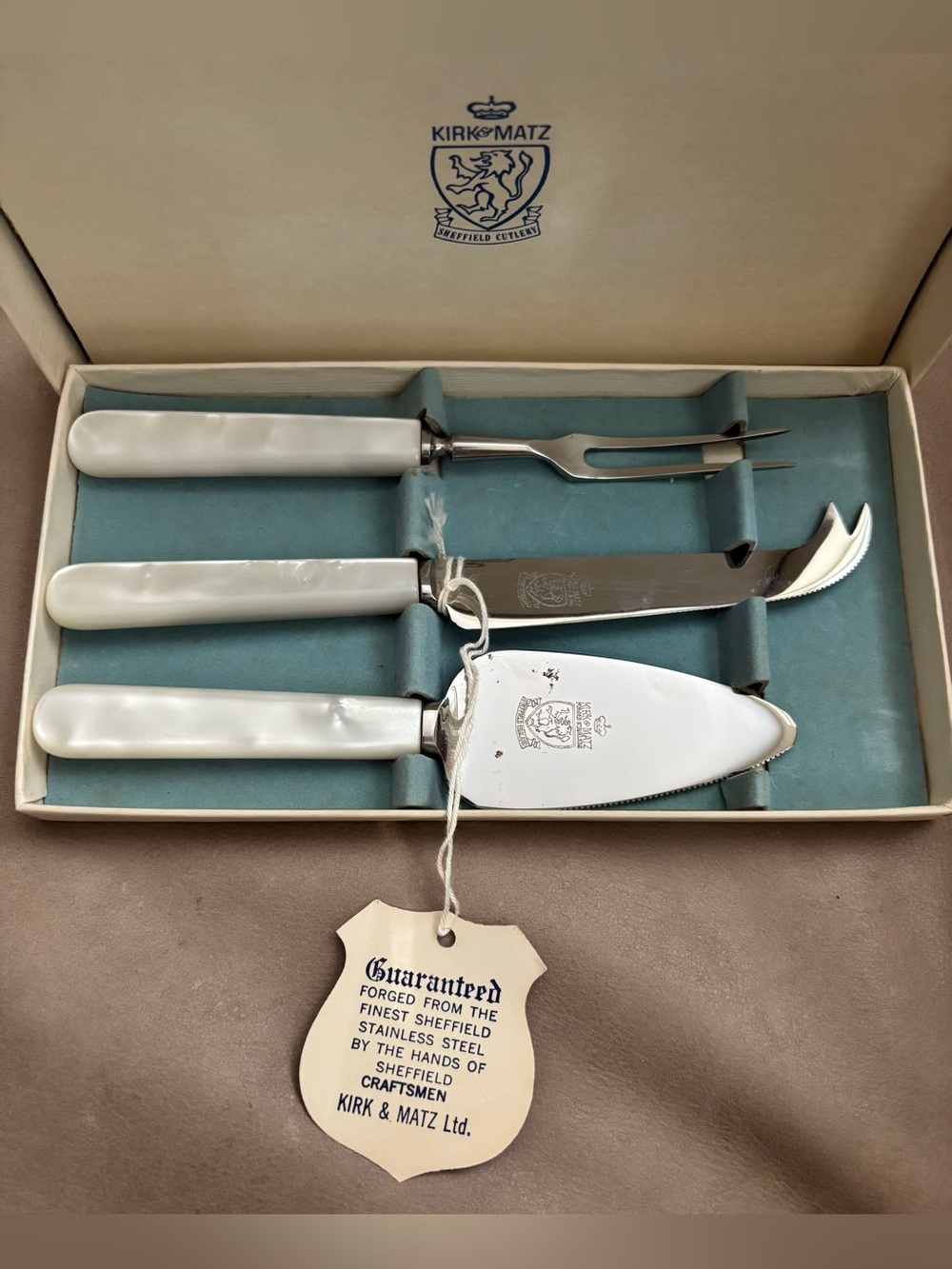 Vintage Kirk & Matz Sheffield 3pc Carving Set Pearlex Knife Fork Sharpener